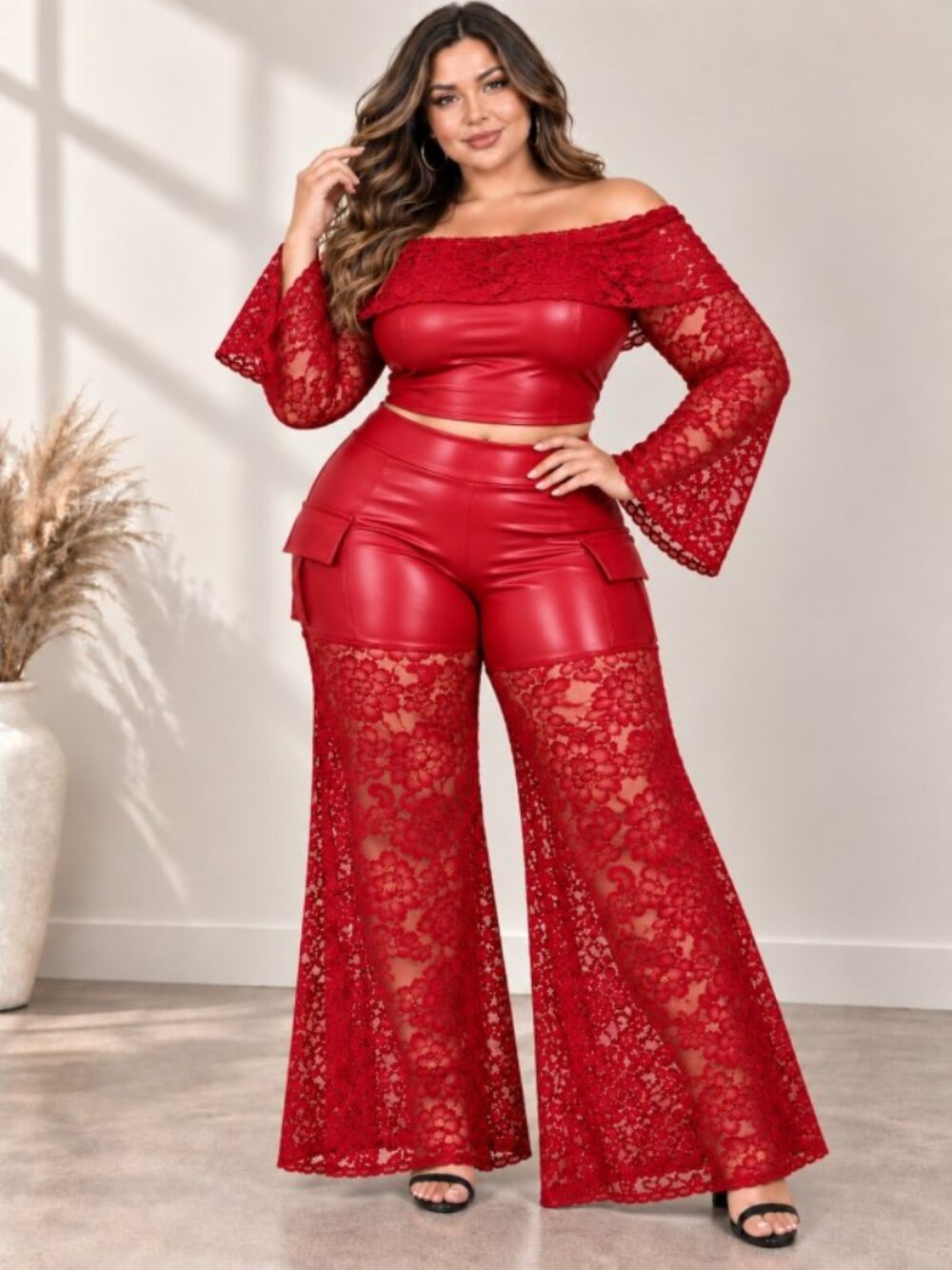 Faux Leather & Lace Off-Shoulder 2-Piece Set
